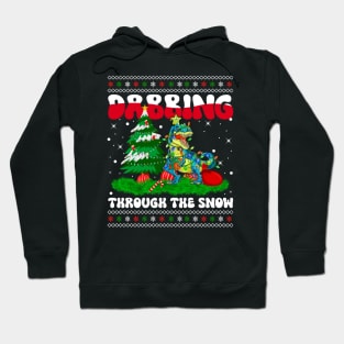 Dabbing Through The Snow T-Rex Dinosaur Christmas Lights Dabbing Dinosaur Hoodie